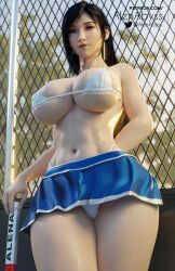 1girls 3d alenabyss big_breasts bikini_top black_hair blender blender_(software) cleavage exposed final_fantasy final_fantasy_vii final_fantasy_vii_remake flashing hourglass_figure micro_bikini navel outdoors outside pantyshot pantyshot_(standing) pinup public public_exposure red_eyes tennis tennis_uniform thick thick_thighs thong tifa_lockhart white_thong wide_hips