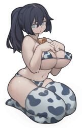 :o animal_print bangs bare_shoulders bell bikini black_hair blue_eyes breast_suppress breasts collar commentary covered_nipples cow_print eyebrows_visible_through_hair female female hair_between_eyes highres large_breasts lentiyay long_hair looking_at_viewer micro_bikini navel neck_bell open_mouth original ponytail seiza sidelocks simple_background sitting solo sweat swimsuit symbol-only_commentary thighhighs white_background