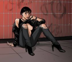 au_(artist) boli-blog breast carl_(artist) cigarette exhibitionism female flashing goth high_heels natalia_(au) nipple public ripped_pants shirt_lift