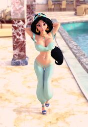 1girls 3d aladdin arabian_clothes babefactor belly_dancer_outfit black_hair brown_eyes cleavage disney disney_princess harem_outfit harem_pants hourglass_figure huge_breasts looking_at_viewer middle_eastern middle_eastern_clothing middle_eastern_female navel_piercing princess_jasmine voluptuous