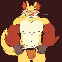 1boy 2022 anthro bara barazoku belly big_bulge big_muscles blush breath brown_background bulge closed_eyes delphox eyebrows eyewear front_view fur furry glasses highres inner_ear_fluff jockstrap licking licking_lips licking_own_lips male male_only metasighty musclegut muscular muscular_anthro muscular_male navel nintendo nipples orange_underwear pecs pokemon self_lick signature simple_background solo standing tongue tongue_out tuft underwear