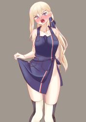 apron blonde_hair blue_apron blue_eyes blush breasts collarbone cowboy_shot female grey_background hair_between_eyes kantai_collection large_breasts long_hair looking_at_viewer mole mole_under_eye mole_under_mouth naked_apron nose_blush open_mouth richelieu_(kantai_collection) simple_background solo standing sun_fle teeth thighhighs two-tone_legwear