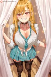 1girls 2022 artist_signature blonde_hair blush breasts choker cleavage clothed clothed_female ear_piercing enmanuelart20 female female_only fitting_room garter_straps gyaru hips huge_breasts indoors kitagawa_marin long_hair looking_at_viewer naughty_face necktie red_eyes school_uniform schoolgirl short_skirt skirt slim_waist smile sono_bisque_doll_wa_koi_wo_suru standing standing_in_doorway thick_thighs thighhighs thighs white_shirt wide_hips