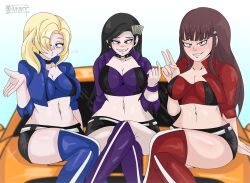 3girls 5_fingers alternate_version_available belly_button black_hair blonde_hair blowing_kiss blue_eyes brave_danganronpa:_coward's_paradise breasts brown_hair cancel_(danganronpa_f_shattered_hope) car choker cleavage danganronpa danganronpa:_hope_restoration danganronpa_f_shattered_hope earrings fanganronpa grey_eyes hair_ornament hoshinari_stella junior_art_ long_hair multiple_girls purple_eyes race_queen sada_saemi smooth_skin straight_hair watermark wink