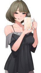 bangs bare_shoulders black_dress blue_eyes breasts closed_mouth commentary_request cum_in_container cum_in_cup cup dress eyebrows_visible_through_hair female green_eyes green_hair hands_up heterochromia highres holding holding_cup idolmaster idolmaster_cinderella_girls looking_at_viewer medium_breasts mole mole_under_eye naughty_face off-shoulder_dress off_shoulder senju_(snz0) short_hair simple_background solo takagaki_kaede tongue white_background wide_sleeves