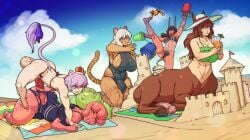 1boy 4futas animal_ears animal_genitalia balls beach big_ass big_breasts breasts brown_hair bulge cadence_(slime) cailey_steud cat_ears catgirl centaur clothed clothing crown cute demon demon_girl erection femboy full_body futa_on_male futa_only futanari gris_swimsuit horsecock huge_balls huge_breasts huge_cock humanoid humanoid_penis kemonomimi kneeling light-skinned_futanari light_skin long_hair male mesara mostly_clothed mostly_nude mounting original original_character pale_skin partially_clothed penis penis_size_difference purple_hair red_skin sand scene scythe_(scytheloli) see-through sex short_hair sitting slime_boy small_breasts standing sulcate swimsuit thick_thighs tiger_ears tiger_girl top-down_bottom-up white_hair wide_hips zertia_amurova