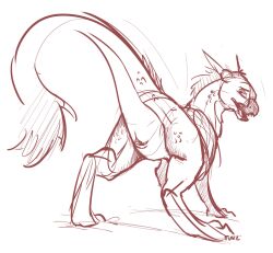 ambiguous_gender animal_genitalia ass cloaca dragon feral genitals horn looking_back monochrome nude open_mouth presenting presenting_cloaca presenting_hindquarters scales simple_background sketch solo tail_tuft tuft tuke white_background wingless_dragon