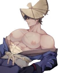 1boy abs ambush_(trap) big_pecs black_hair covered_eyes eyes_covered genshin_impact hair_covering_eyes hat male male_only manboobs muscles muscular muscular_male nipples nobushi_(genshin_impact) oketan pecs scar solo straw_hat