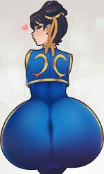 1girls big_ass blue_eyes brown_hair capcom chun-li clothed earrings female female_focus female_only heart huge_ass looking_at_viewer looking_back looking_behind piercing postblue98 presenting_ass presenting_hindquarters skin_tight street_fighter street_fighter_alpha wide_hips