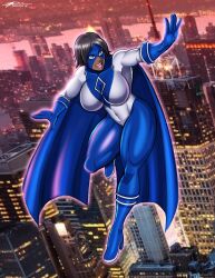 1girls big_breasts blue_eyes breasts bushinryu11 cape dark-skinned_female dark_skin detailed_background female female_only flying gloves large_breasts long_gloves mask original_character seaworthy short_hair solo solo_female superhero superheroine thick_thighs thighs