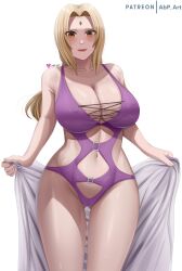 1girls abp_art big_breasts blonde_hair breasts brown_eyes busty center_opening erect_nipples erect_nipples_under_swimsuit facial_mark female female_only forehead_mark holding_object hourglass_figure huge_breasts lipstick long_hair makeup mature mature_female naruto naruto_(series) naruto_shippuden one-piece_swimsuit paipan pale-skinned_female pale_skin pinup presenting presenting_self purple_swimsuit revealing_swimsuit shiny shiny_hair shiny_skin skindentation solo solo_focus swimsuit tied_hair tight_clothing tight_swimsuit towel tsunade twintails voluptuous