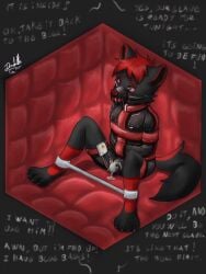 anthro bodily_fluids bondage bound box chastity_cage chastity_device clothing confinement drakethefox electricity electrostimulation encasement furry gag genital_fluids hi_res latex leaking_precum male male_only malesub muzzle_(object) muzzled precum restraints rubber rubber_clothing rubber_suit solo spreader_bar straitjacket