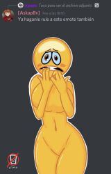 4_fingers breasts brown_eyes discord emoji emoji_(race) español grey_background navel rexus2828 scared shitposting_todos_los_dias spanish_text tagme text watermark wide_hips yellow_body