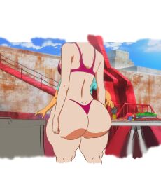 1boy 1girls ass ass_cleavage big_ass breasts butt_crack female female_focus food huge_ass male outside panties pink_panties posterior_cleavage rear_view ridget_(suisei_no_gargantia) screencap sideboob sky solo_focus someraindropsonroses_(artist) sports_bra suisei_no_gargantia thick_hips thick_thighs third-party_edit thong_bikini unseen_male_face walking