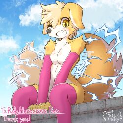 acky05 almost_naked anthro ass blonde_hair breasts canine cute electricity female female_only fluffy_tail furry looking_at_viewer original_character sitting small_breasts smiling solo stockings tailwag winking yellow_eyes yellow_fur