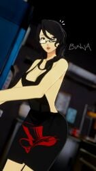 3d apron_only asian asian_female beauty_mark beauty_mark_under_mouth black_hair bunnxarts curvaceous glasses gray_eyes grey_eyes lipstick milf mole_under_mouth original_character red_lipstick ryoko_(personaparadise) shiny_lips surprised tagme