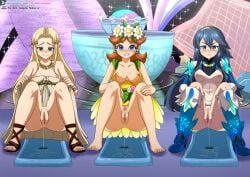 3girls alternate_costume blonde_hair blonde_pubic_hair blue_eyes blue_hair blue_pubic_hair breasts_out brown_hair brown_pubic_hair crossover female female_only fire_emblem fire_emblem_awakening fire_emblem_heroes fountain frown grin lineup long_hair looking_at_viewer lucina_(fire_emblem) mario_(series) mario_kart mario_kart_tour medium_breasts multiple_girls nintendo nipples official_alternate_costume open_toe_shoes peeing princess_daisy princess_zelda pussy short_hair small_breasts square_enix super_smash_bros. the_dark_mangaka the_legend_of_zelda urine zelda_(a_link_between_worlds)