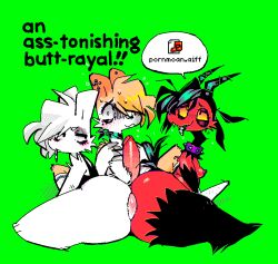 2_horns ball_squeeze ballbusting balls candy_mcgee demon double_buttjob furry goat hella_(oriole) llama mammal oriole_(artist) penis rabbit red_fur vic_venti_(oriole) white_fur