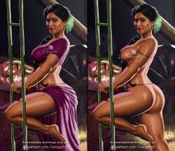 ass black_hair breasts dark-skinned_female dark_skin digital_media_(artwork) female female_focus female_only green_eyes indian indian_female ladder looking_at_viewer nipple_piercing rasigunn solo thick thick_thighs