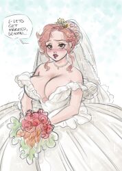 1girls big_breasts blush breasts bride cleavage dialogue female female_only looking_at_viewer marriage_proposal miss_moo_(tsrex) speech_bubble tsrex wedding_dress