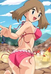 1girls bikini blue_eyes breasts brown_hair combusken corphish game_freak hot_spring lucario may_(pokemon) nintendo open_mouth outdoors pink_bikini pokemon pokemon_(species) solo_focus tagme