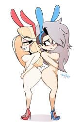 2demons 2girls ass bigmantis breasts charlie_morningstar_(hazbin_hotel) crossover demon_girl female hazbin_hotel helluva_boss human_loona loona_(helluva_boss) multiple_girls nipples only_female playboy_bunny red_eyes white_background white_hair yellow_eyes