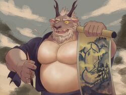 2022 absurd_res anthro asian_mythology balls belly closed_eyes detailed_background dragon east_asian_mythology eastern_dragon episode0006 erection genitals hi_res humanoid_hands kemono male mature_male moobs mythology outside overweight overweight_male penis solo