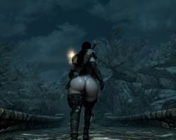 3d ass backboob bikini_armor black_hair cbbe dat_ass female_warrior from_behind huge_ass huge_breasts long_hair mod outdoor screencap skyrim sword the_elder_scrolls thong