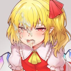 13o ascot bangs blonde_hair blush crystal cum cum_in_eye cum_on_hair eyebrows_visible_through_hair facial fangs female flandre_scarlet flat_chest frilled_shirt_collar frills grey_background hair_between_eyes hair_ribbon half-closed_eyes highres leaning_forward looking_at_viewer no_hat no_headwear one_side_up open_mouth pointy_ears puffy_short_sleeves puffy_sleeves red_eyes red_ribbon red_vest ribbon short_hair short_sleeves simple_background sleeveless small_breasts solo tearing_up tongue tongue_out touhou upper_body vest wings yellow_ascot