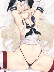 :o armpits arms_up ass bacius bangs bed_sheet black_hairband black_panties blonde_hair blush breasts buttons crop_top elbow_gloves eyebrows_visible_through_hair female g-string gloves groin hairband highleg highleg_panties highres kantai_collection long_hair looking_at_viewer micro_panties narrowed_eyes navel neckerchief panties parted_lips pussy pussy_peek school_uniform serafuku shimakaze_(kantai_collection) skindentation small_breasts solo spread_legs string_panties striped striped_legwear sweatdrop thighhighs thighs thong underwear white_gloves yellow_eyes