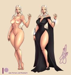 1girls a_song_of_ice_and_fire alternate_version_available areola areolae bimbo commission curvy daenerys_targaryen female game_of_thrones henrik-drake hhammerh high_slit_dress legs nipples thighs