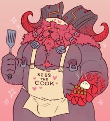 1boy 2_horns anthro apron apron_only areola beard beefy belly big_moobs big_nipples black_areola black_horn black_nipples black_nose blep body_hair braided_beard braided_mustache bulge burly caprine caprine_horn chef_hat chest_hair chest_tuft closed_frown clothed clothing curled_horn dark_horn dark_skin demigod dumpling eyebrows facial_hair fat fat_man food front_view glowing glowing_eyes gradient_background hairy_arms hairy_legs half-closed_eyes hat headgear headwear heart heart_apron heart_hat hi_res holding_food holding_object holding_spatula holding_tool horn_markings horns iconography imaboii666 kiss_the_cook league_of_legends looking_at_viewer male male_nipples male_only mammal markings masculine mature_anthro mature_male meat_skewer moobs mostly_nude multicolored_horn musclegut muscles muscular_arms muscular_male mustache narrowed_eyes nipple_piercing nipple_ring no_pupils ornn overweight overweight_anthro overweight_male pecs penis_bulge pictographics piercing pink_background print_apron print_clothing print_hat print_headgear print_headwear ram_horn red_eyebrows red_hair ring_piercing sharp_horn shoulder_tuft simple_background skewer skimpy solo solo_male sparkles spatula standing steam_lines steaming stocky text thick_eyebrows tongue tongue_out tools tuft two_tone_horn white_apron yellow_eyes yellow_sclera
