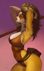 1girls anthro armpits arms_behind_head catgirl cheetara elsevilla eyes_mostly_closed female female_only hair_grab hi_res iranian leotard long_hair looking_at_viewer persian_(iranian) persian_clothing persian_female side_view solo solo_female thundercats