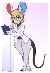 absurd_res animal_crossing anthro blonde_hair clothed clothing eye_contact eyewear female fur furry furry_only genitals glasses hair hi_res looking_at_viewer mammal med121 mouse murid murine nintendo petri_(animal_crossing) pussy rodent science_fiction simple_background solo standing tail thick_thighs video_games