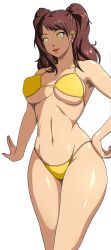 1girls big_breasts bikini breasts brown_hair busty child_bearing_hips cross-eyed female female_only hand_on_hip hips kujikawa_rise large_breasts navel persona persona_4 pose posing shadow_rise shadow_self_(persona) smile solo stormfeder thighs third-party_edit thong_bikini twintails voluptuous yellow_bikini yellow_eyes