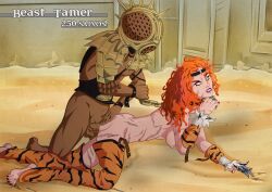 arena ass_slap barefoot chains collar defeated edit edited elmrtev gladiator gladiators headband leash leash_pull orange_hair red_hair red_nail_polish scars shadow_of_rome tiger_print