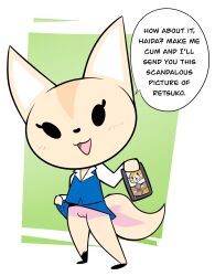 2020 aggressive_retsuko anthro big_head black_eyes bottomwear canid canine cellphone clothed clothing clothing_lift dialogue empty_eyes english_text female fennec fenneko fox full-length_portrait fur furry furry_only genitals hi_res holding_cellphone holding_object holding_phone joshin looking_at_viewer mammal mob_face no_underwear office_lady partially_clothed phone portrait pussy retsuko sanrio skirt skirt_lift solo speech_bubble standing straight_hair tail talking_to_viewer tan_body tan_fur text toony topwear