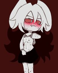 1girls animal_ears artist_self-insert blush embarrassed fangs flashing_breasts fursona looking_away malicious_bunny malicious_bunny_(artist) nipples original_character red_sclera self_insert simple_background skirt small_breasts sweat sweater undressing white_hair