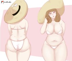 1girls ass ass_cleavage big_ass big_breasts bikini blush breasts brown_hair butt_crack chubby cleavage female female_only hat janet_(lewddoodler) large_breasts lewddoodler light-skinned_female light_skin mature_female milf mother original_character smile solo thick_thighs thighs white_bikini