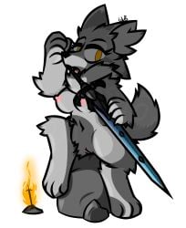 alpha_channel anthro black_nose bonfire breasts canid canine canis claws dark_souls female fire fromsoftware fur genitals great_grey_wolf_sif grey_body grey_fur hi_res inner_ear_fluff licking looking_at_viewer mammal melee_weapon neck_tuft nipples nude one_leg_up pussy raised_leg rock signature simple_background sitting solo sword tongue tongue_out transparent_background tuft video_games watermark weapon wolf wub_(artist) yellow_eyes