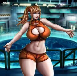 1girls arms_up big_breasts big_hips big_thighs bimbo black_eyebrows blonde_hair blue_eyes casual_outfit_(metroid) detailed_background female female_only flowerxl high_resolution long_hair looking_at_viewer loving_look metroid nintendo orange_shorts orange_topwear peony_lipstick red_ribbon_in_hair samus_aran solo spaceship_interior tomboy