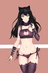 1girls black_bra black_hair black_lingerie black_panties black_scarf blake_belladonna bra breasts cat_ears cat_keyhole_bra cat_keyhole_lingerie cat_lingerie hand_on_chest leatzche lingerie long_hair looking_at_viewer medium_breasts panties rwby scarf side-tie_panties thighhighs yellow_eyes