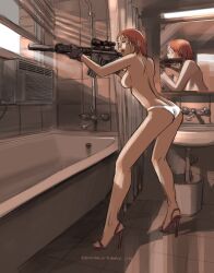 ass assassin au_(artist) breasts gun high_heels naked_female nipples rifle short_hair sniper suppressor white_panties