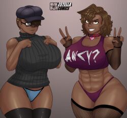 2girls abdominal_bulge big_ass big_breasts big_butt big_hips big_thighs biting_clothes biting_shirt cleavage collar dark-skinned_female dark_skin elena_vazquez female female_focus female_only gigantic_ass gigantic_breasts gigantic_butt glasses hourglass_figure huge_ass huge_breasts huge_butt huge_hips huge_thighs large_ass large_breasts large_butt latina looking_at_viewer melanin mrestella muscular muscular_female original original_character selena_vazquez short_hair sisters underwear wide_hips