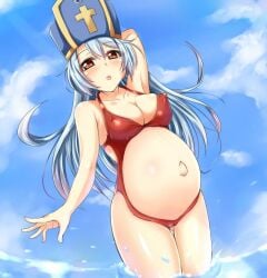 blush botekora dragon_quest dragon_quest_iii edit erect_nipples erect_nipples_under_bikini large_breasts pregnant priest_(dq3) swimsuit swimwear water