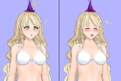 ? blonde_hair blush closed_eyes curly_hair fnafhs genderswap_(mtf) golden_(fnafhs) happy heart party_hat rule_63 sarah21sugardust white_bra wholesome