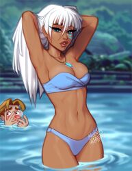 1boy 1girls atlantis:_the_lost_empire blue_eyes blushypixy blushyspicy breasts cleavage dark-skinned_female dark_skin disney disney_characters female hothot_spicy human kida male melanin milo_thatch neckwear solo_focus standing standing_in_water strapless_bikini swimwear white_hair