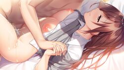 1boy ayase_hazuki bed_sheet bottomless boy_on_top breasts brown_hair censored closed_mouth clothed_female_nude_male clothes_lift cum dress_shirt female game_cg grey_sweater half-closed_eyes holding_hands interlocked_fingers large_breasts long_hair lying missionary mosaic_censoring nipples nude on_back open_clothes open_shirt sex shiny shiny_hair shiny_skin shirt shirt_lift smile straight straight_hair sweater sweater_lift tachibana_iori vaginal_penetration very_long_hair white_shirt yellow_eyes yubisaki_connection