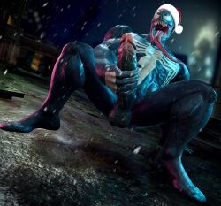 1boy absurd_res alien bodily_fluids christmas christmas_clothing christmas_headwear clothing dripping genital_fluids genitals headgear headwear hi_res holidays humanoid killystein male male_only marvel marvel_comics muscular muscular_male penis precum precum_drip smooth_skin snow solo symbiote tongue tongue_out vein veiny_penis venom venom_(marvel)