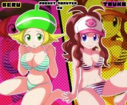 2girls artist_request belly_button bianca_(pokemon) big_breasts bikini bikini_bottom bikini_top black_stripes blonde_hair blue_eyes blush breasts brown_hair cleavage embarrassed female female_only green_eyes green_stripes hat hilda_(pokemon) looking_at_viewer medium_breasts midriff navel only_female pink_background pokemon pokemon_bw smile striped_bikini striped_bikini_bottom striped_bikini_top stripes thick_thighs white_stripes yellow_background